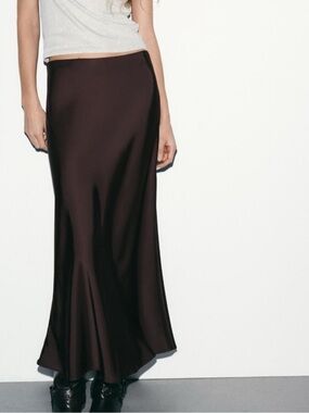 Zara Satin Maxi Skirt in Deep Brown